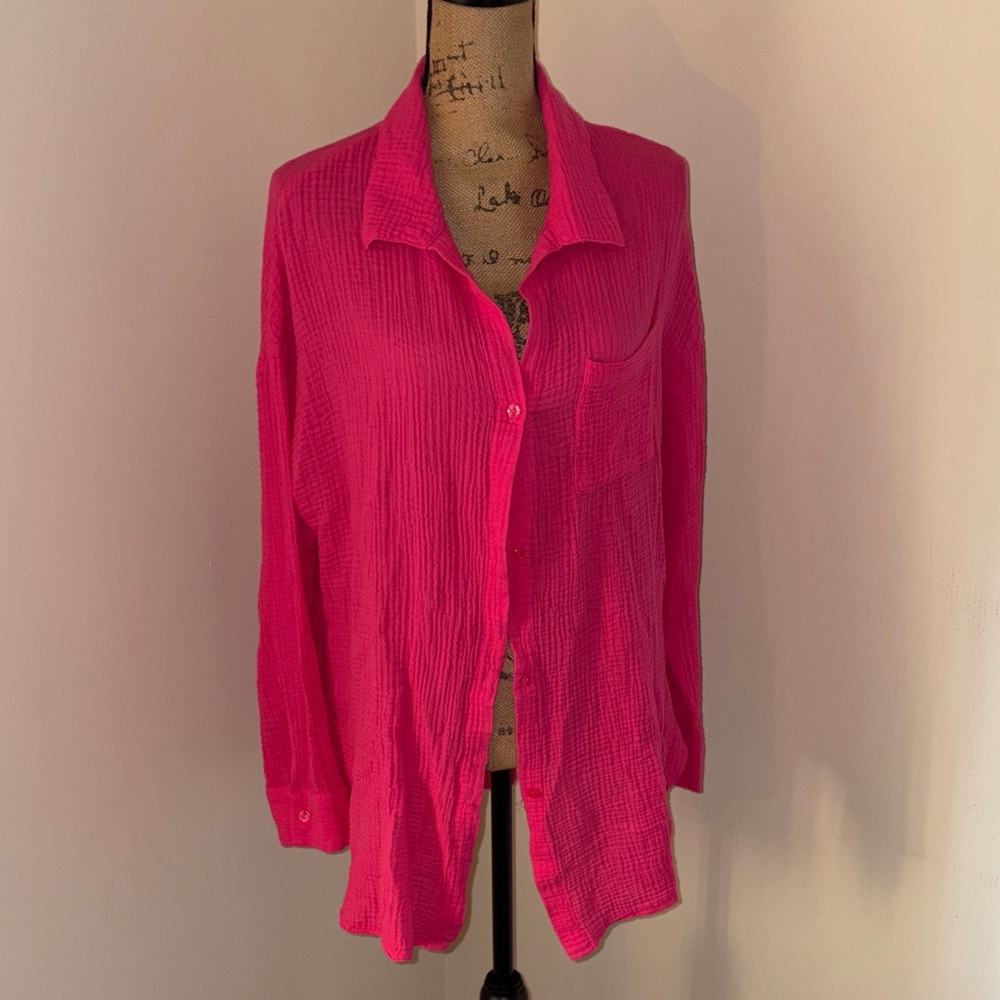 Women's Lightweight Button-Up Shirt - Hot Pink
